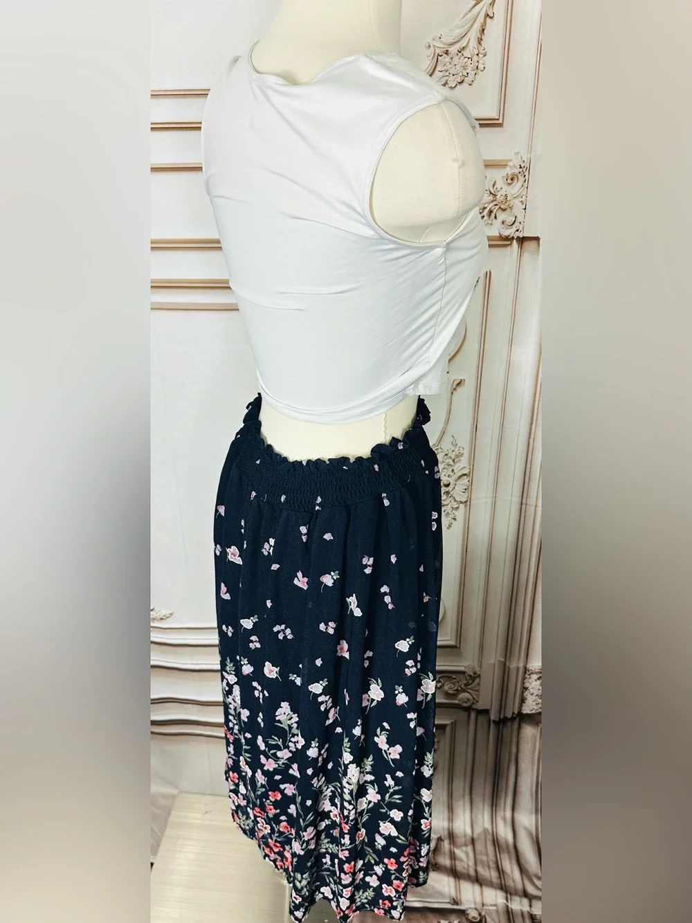 Navy Floral Smocked Waist Midi Skirt - Picture 5 of 11